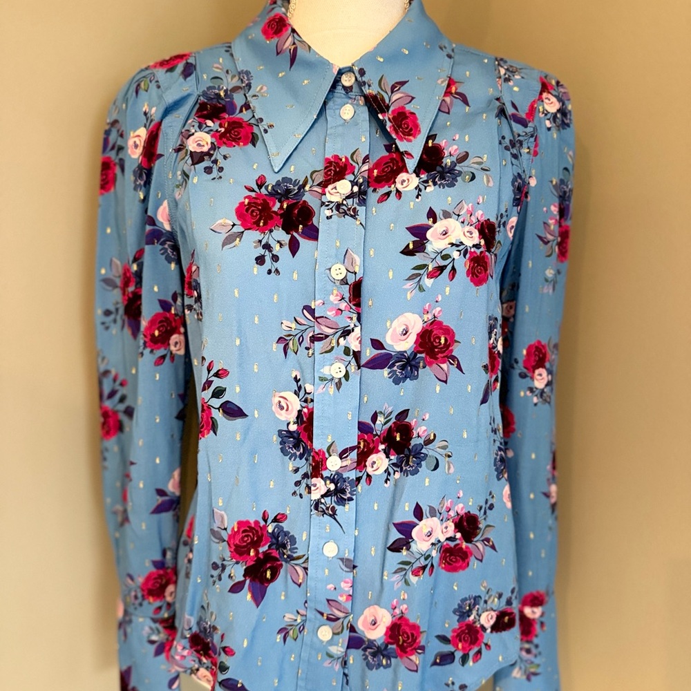 Smythe Box Pleat Blouse Blue Floral Button Down Shirt